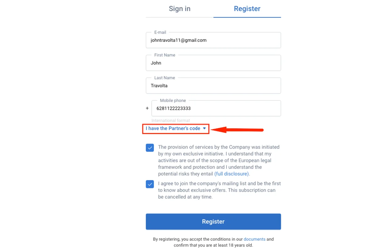 Gambar langkah 3 - Panduan Pendaftaran Menggunakan Kode Partner di RoboForex